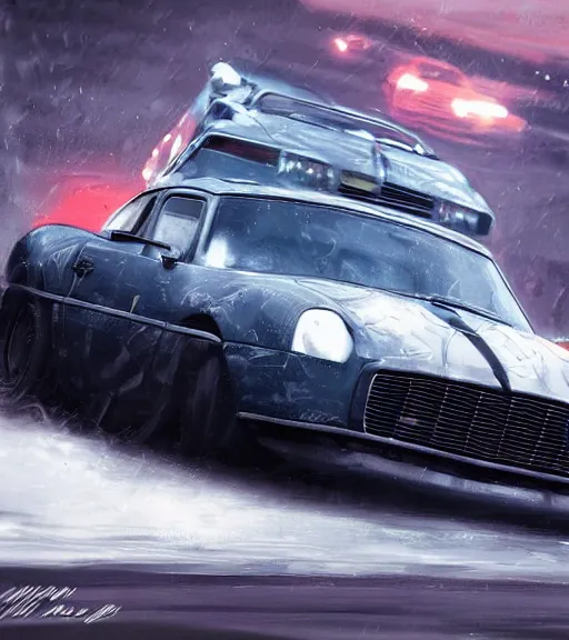 Image similar to high quality high detail painting by alberto mielgo and jaime jones, car chase, cinematic, hd