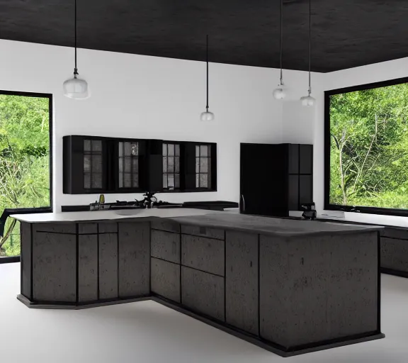 Image similar to brutalist black house kitchen with 2 islands interior design minimalist organic, organic architecture furniture open space high quality octane render blender 8 k