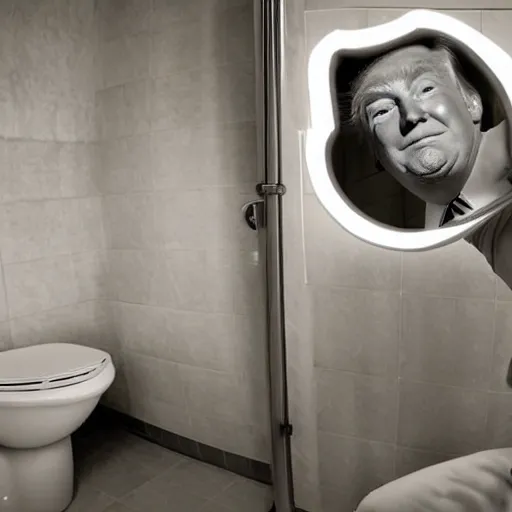 Prompt: a selfie of donald trump in his toilet, extremely happy, highly detailed skin, photo