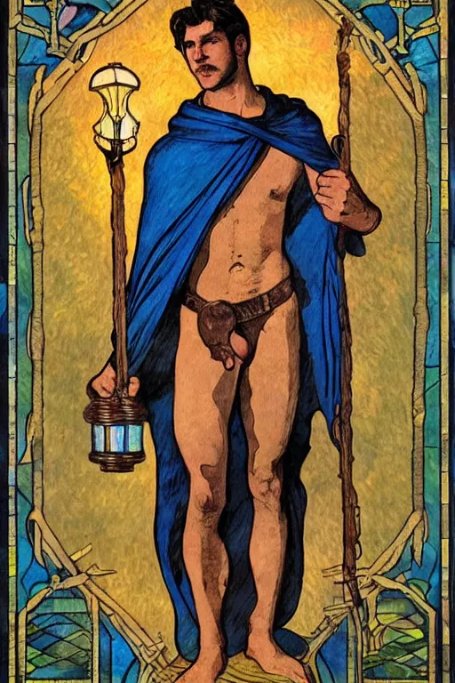 Prompt: tarot card of a shirtless handsome cowboy | he is holding a lantern and wearing a blue cape | dad bod, homoerotic, art deco, art nouveau | by louis comfort tiffany | trending on artstation