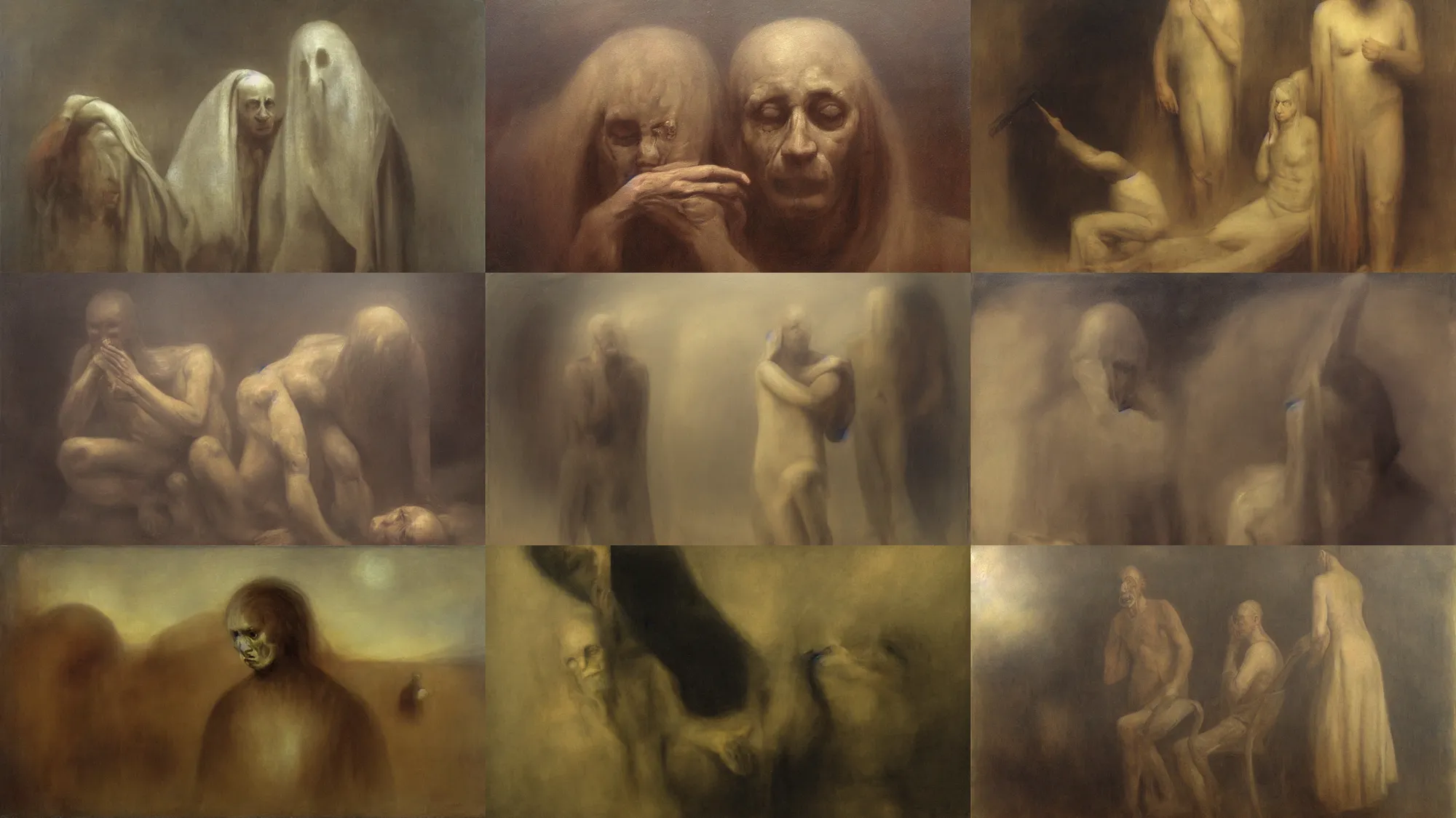 Prompt: painting of odd nerdrum of a strange ghost surrounded by human etherical moody