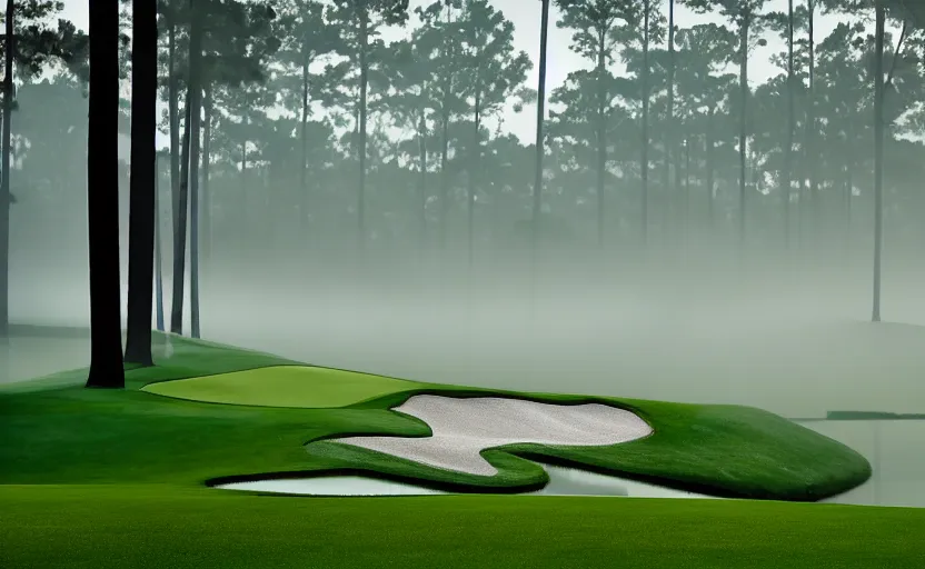 Image similar to augusta national, the masters, nr. 1 2, completely flooded, beautiful ambient light, stunning photography, fog, light rays