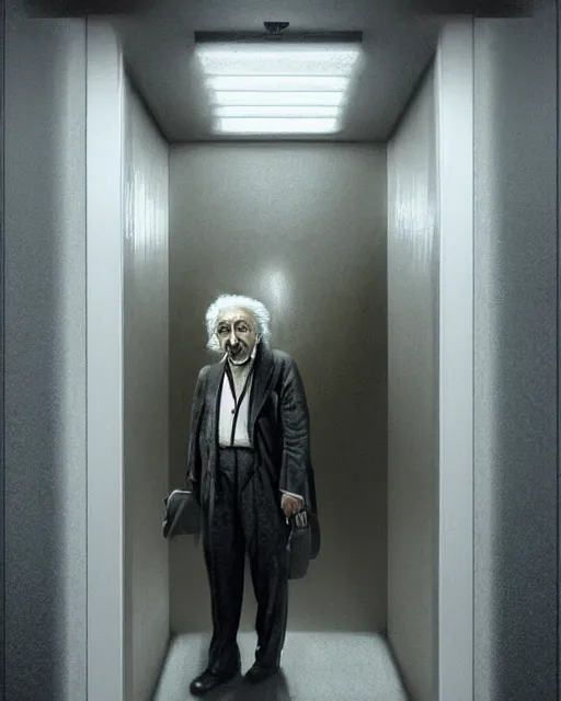 Image similar to Einstein in a elevator painted by István Sándorfi volumetric lighting, back lighting, rimlight, dramatic lighting, digital painting, highly detailed, artstation, sharp focus, illustration, Artgerm, Jean-Léon Gérôme , ruan jia