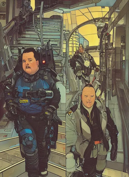 Image similar to cyberpunk paul blart falling down escalator. portrait by ashley wood and alphonse mucha and laurie greasley and josan gonzalez and james gurney. spliner cell, apex legends, rb 6 s, hl 2, d & d, cyberpunk 2 0 7 7. realistic face. vivid color. dystopian setting.