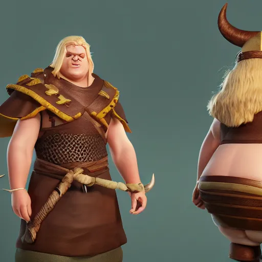 Image similar to a handsome corpulent viking girl with blond hair, clash royal style characters, unreal engine 5, octane render, detailed, cinematografic, cinema 4 d