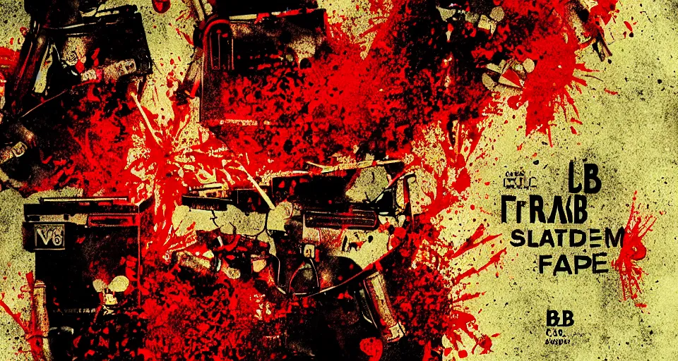 Image similar to category b film poster with trace of a shots in centre, seamless texture, several blood splatter on the sides, focus render, grainy tape, distortion, few details, illustrations, vhs effect