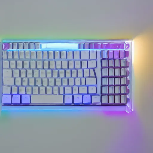 Image similar to an ultra high definition professional studio quality photograph of a transparent iridescent perspex pastel coloured keyboard on white coat hook in an empty white room. dramatic lighting, ray tracing, refraction, shallow d. o. f, colour corrected, golden ratio, three point light. volumetric shadows. god rays.