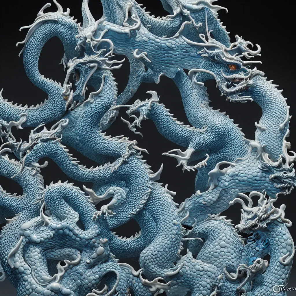 Prompt: a closeup photo - real delicate ceramic porcelain sculpture of an ornate detailed dragons fighting in front of a intricate background by victo ngai and takato yamamoto, micro detail, backlit lighting, subsurface scattering, translucent, thin porcelain, octane renderer, black and neon blue, physically based rendering, japanese pottery, trending on cgsociety