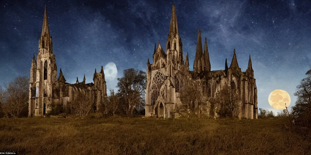 Prompt: crumbling gothic cathedral, nighttime, decrepit castle, ruins, moon visible through cloud, abandoned houses sinking into bog