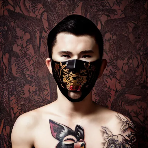 Image similar to a young male wearing a beautiful kitsune mask, his body is covered in beautiful tattoos, photographed by erwin olaf, intricate, editorial