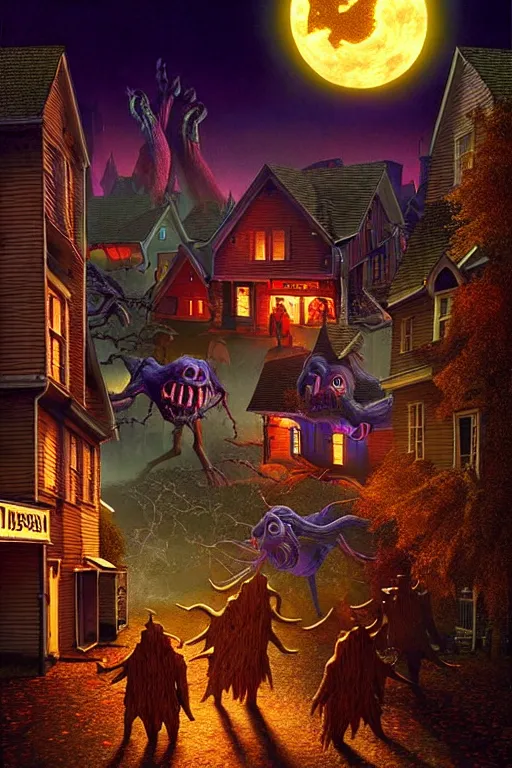 Prompt: a hyperrealistic vray rendering of a quiet autumn town being invaded by monsters in the night, cinematic horror by chris cunningham, lisa frank, richard corben, highly detailed, vivid color,