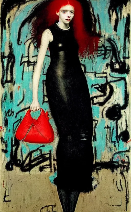 Image similar to portrait of a girl with long red hair in a black dress, under water, very beautiful style, girl wrapped in a leather salafan bag in black, jean - michel basquiat, photorealism, edgard maxence,