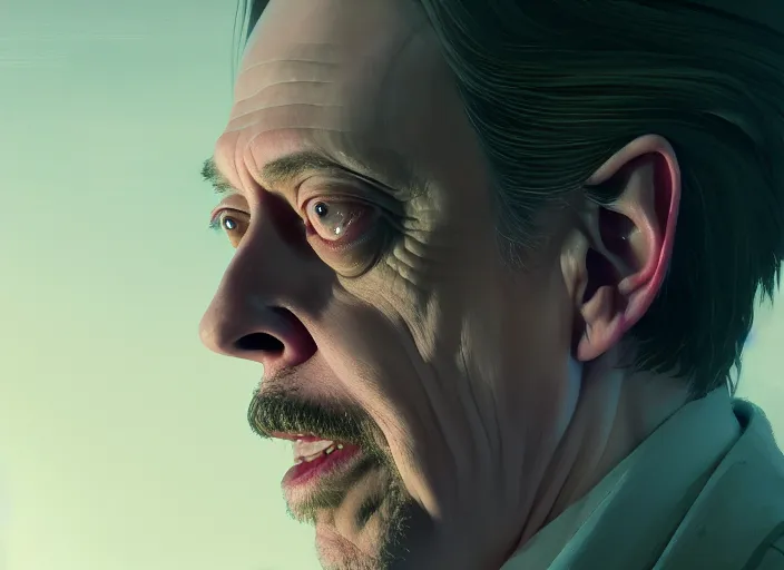 Image similar to a film still portrait of steve buscemi wizard, finely detailed features, closeup of face, cinematic lighting, perfect art, night cyberpunk city, intricate, anime, gapmoe grimdark, artstation, trending on pixiv fanbox, painted by greg rutkowski makoto shinkai takashi takeuchi studio ghibli, akihiko yoshida, 4 k