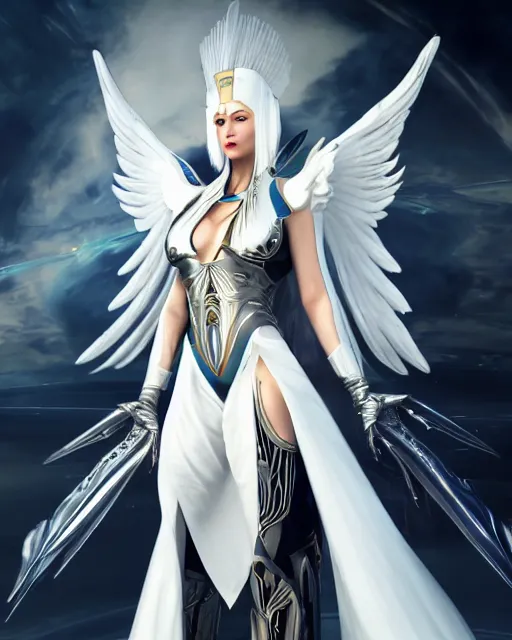 Image similar to perfect white haired attractive egyptian goddess with huge white dove wings, warframe armor, beautiful, engaging, symmetric, charlize theron, half asian, pretty face, blue eyes, scifi platform, laboratory, experiment, 4 k, ultra realistic, epic lighting, android body, illuminated, cinematic, masterpiece, art by akihito tsukushi, voidstar