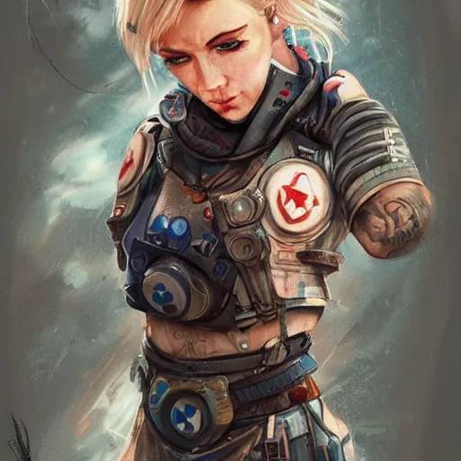 Image similar to tattooed dirty stoic butch heroic emotionless blonde woman kubernetes engineer in tattered dirty flight suit, very short messy hair, highly detailed, digital painting, artstation, concept art, matte, sharp focus, illustration, art by artgerm