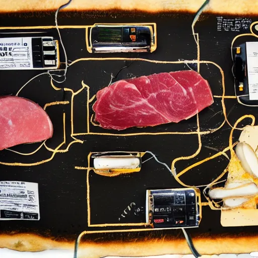 Image similar to potato feminine, alaskan road trip, circuit board made out of ham, basquiat