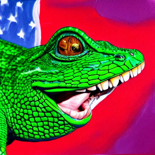 Image similar to president trump is a smiling laughing bright green lizard person, airbrush painting, hyper detailed, 8 k.