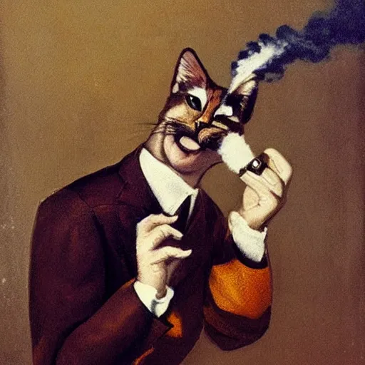 Prompt: a gay cat smoking a cigar -9