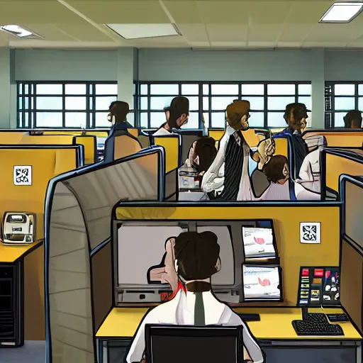 Prompt: fifty monkeys are staring a individual computer screens in a crowded cubicle - style office, the computer screens have bitcoin logos, in the style of the videogame disco elysium, harsh contrast lighting