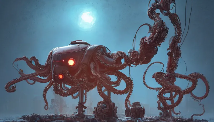 Image similar to a digital art portrait of post apocalyptic robot octopus by Simon Stalenhag, mechanical octopus power armour character design, character sheet, 4k, ultra detail, volumetric lighting, unreal engine, octane render