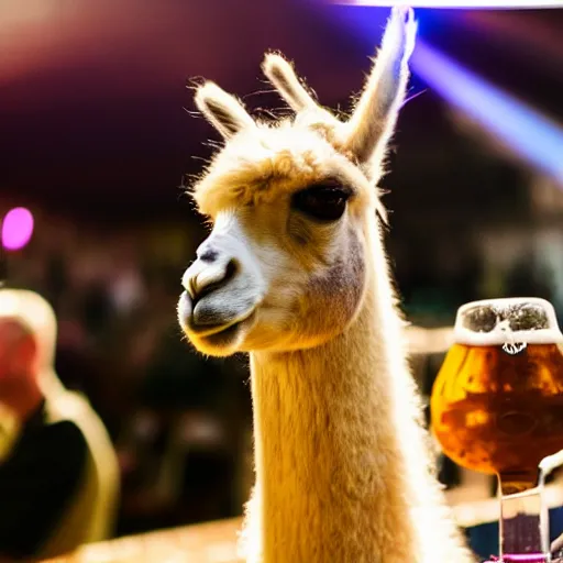 Image similar to llama enjoying beer at oktoberfest , cinematic lighting