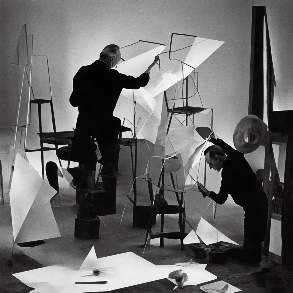 Image similar to a long exposure shot of Marcel Duchamp working on a readymade object, archival pigment print