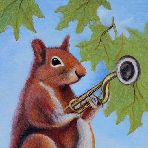 Image similar to squirrel with a trumpet in an oak tree, oil painting