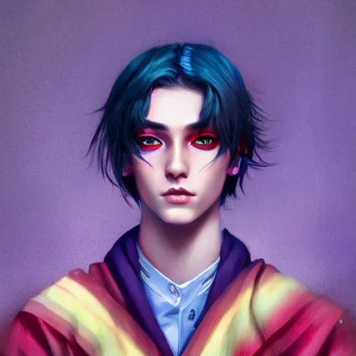 Image similar to colorful and festive captivating teenager boy with straight indigo hair, purple eyes with red eye markers, slim body, wearing a detailed japanese kimono. rich vivid colors, ambient lighting, dynamic lighting, 4 k, atmospheric lighting, painted, intricate, highly detailed by charlie bowater