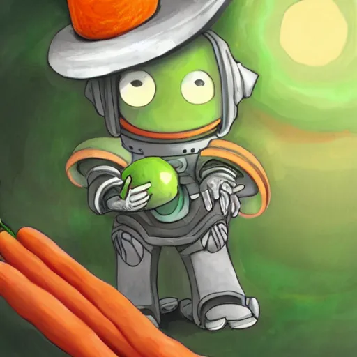 Prompt: little happy robot with big avocado hat and a carrot sword, made in abyss style, detailed background