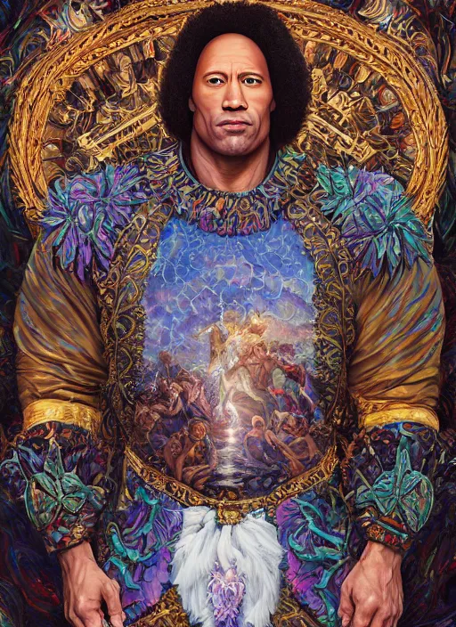 Image similar to beautiful oil painting, full length portrait of Dwayne the rock Johnson as Louis xiv in coronation robes 1701, Dan Mumford, Dan Mumford, Alex grey, Alex grey, lsd visuals, dmt fractal patterns, entheogen, psychedelic art, hallucinogen, highly detailed, ornate, vaporwave