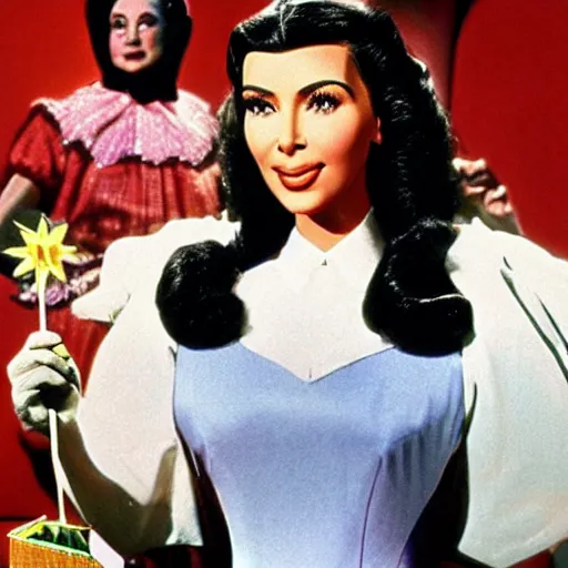 Prompt: Kim kardashian as Dorothy in the wizard of oz 1938, technicolor, movie poster,