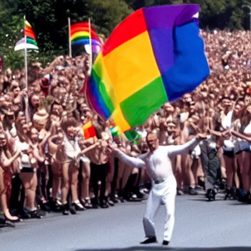 Image similar to putin dancing in a pride parade, film still, photography