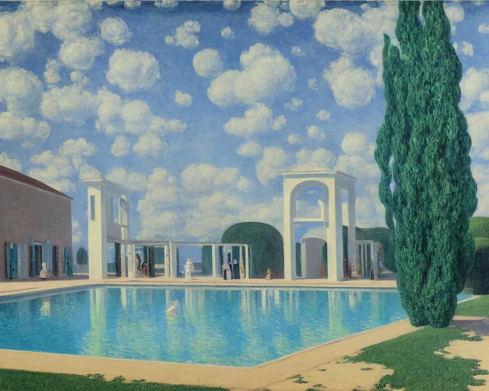 Prompt: achingly beautiful painting of a sophisticated, well - decorated, pueblo pool house by rene magritte, monet, and turner.