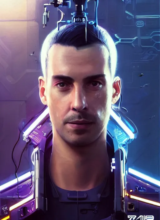 Prompt: portrait of a male submarine officer as a character in Cyberpunk 2077, looking at camera, long hair, intricate, elegant, sci-fi, extremely detailed, digital painting, artstation, concept art, smooth, sharp focus, illustration, ambient lighting, incredible art by artgerm and greg rutkowski and alphonse mucha and simon stalenhag