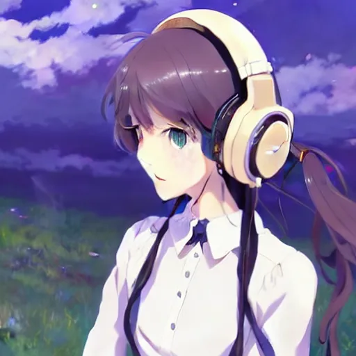 Image similar to painting of a cute girl wearing headphones in the style of violet evergarden, beautiful anime art style, winged eyelashes, countryside, calm, fantasy character portrait, dark outlines, dynamic pose, above view, sunny day, artwork by makoto shinkai, very coherent asymmetrical artwork, sharp edges, perfect face, simple form, 1 0 0 mm