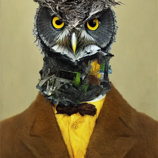 Image similar to shredded physique feathered round neck beak Portrait of Henry James camouflaged as Owl whilst wearing a yellow tuxedo Standing atop a Garbage Truck Greg Rutkowski Vik Muniz clarence holbrook carter Andrew Wyeth Dan Witz
