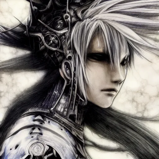 Image similar to Yoshitaka Amano realistic illustration of an anime girl with white hair and cracks on her face wearing dark souls armour with the cape fluttering in the wind, abstract black and white patterns on the background, noisy film grain effect, highly detailed, Renaissance oil painting, weird portrait angle