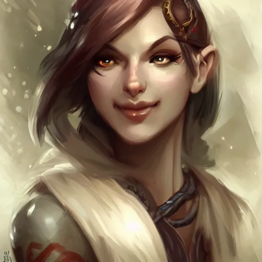 Image similar to very beautiful female barbarian, smiling, flirty, eye contact, perfect face, perfect body, drawn by charlie bowater