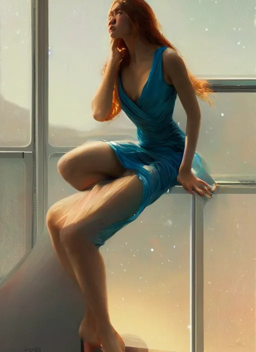 Image similar to beautiful girl sitting on a spaceship window wearing a dress, highly detailed tight dress, beautiful face hot model girl, by jeremy lipking, by artgerm, digital art, octane render