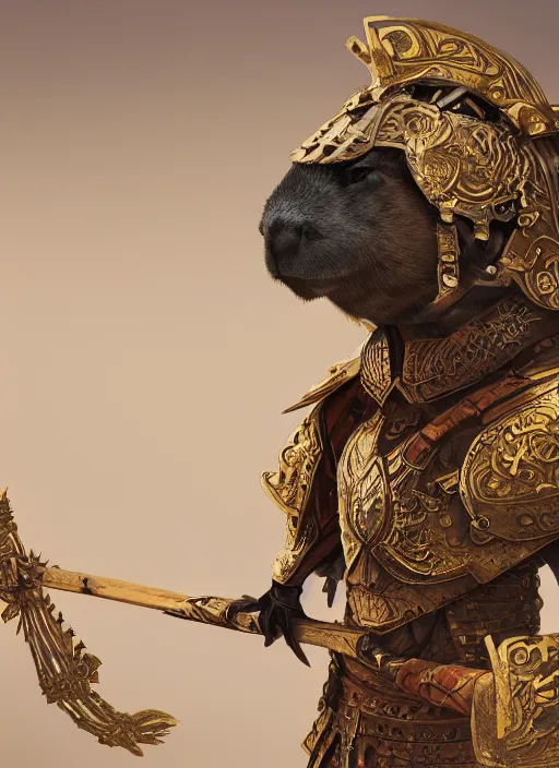 Image similar to detailed concept art illustration painting of an anthropomorphic capybara warrior in full intricate armor, ultra detailed, digital art, octane render, 4K