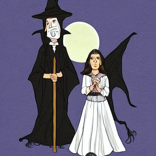 Image similar to a witch and a wizard in the style of american gothic
