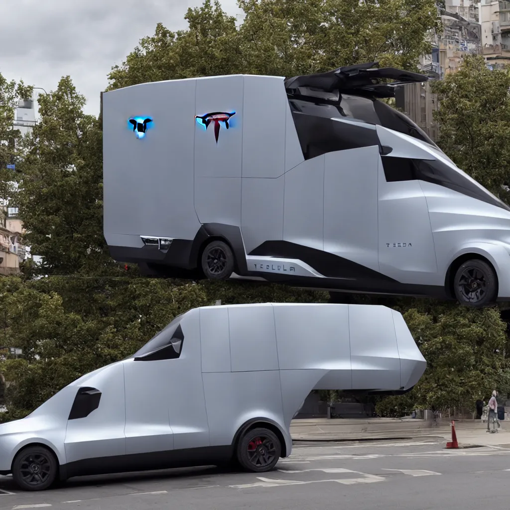 Prompt: tesla cybertruck on a street,