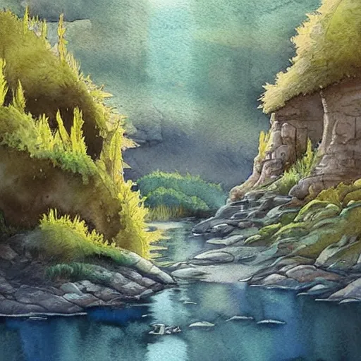 Prompt: beautiful natural scene filled with happy picturesque charming organic sci - fi pod homes. water, trees and rocks. beautiful light. grainy and rough. soft colour scheme. beautiful artistic detailed watercolor by lurid. ( 2 0 2 2 )