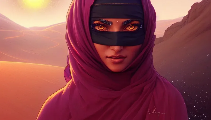 Image similar to Portrait of very very very very very very beautiful Arab woman wearing a Niqab, glowing magical eyes, energy trails, under giant full moon in the desert, intricate, elegant, highly detailed, digital painting, artstation, concept art, smooth, sharp focus, illustration, art by artgerm and greg rutkowski and alphonse mucha