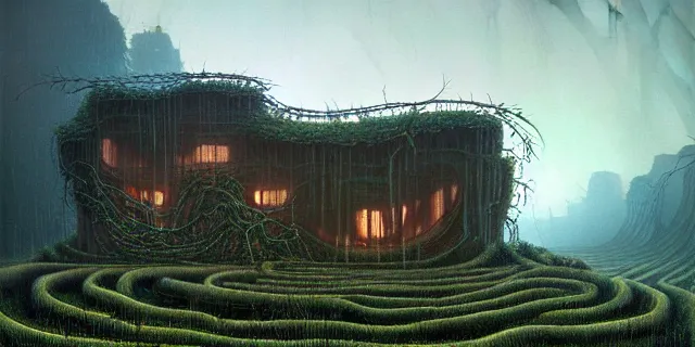 Prompt: painting obsidian rock fortress covered in vines from bladerunner by tomasz alen kopera and cornelius dammrich with futuristic neolithic watermill home by eddie jones and simon stahlenhag