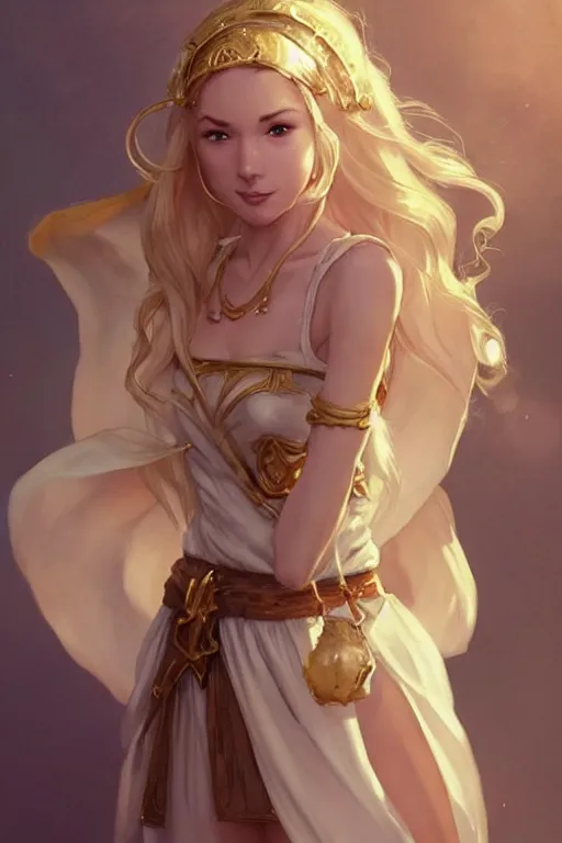 Prompt: Pretty Female Cleric, white robes, golden details!, church background!, golden hair, green eyes, light brown skin!, detailed face, cute smile, sexy!, DND, D&D, low fantasy, by WLOP, Stanley Artgerm Lau, frank frazetta, Rossdraws, James Jean, artgerm, trending on Arstation, artstationHD, artstationHQ, cgsociety, HD 16K, extremely detailed, face details!, pose