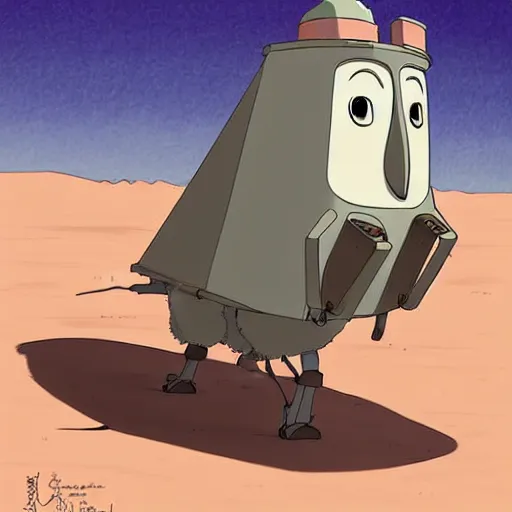 Image similar to a study of cell shaded cartoon of a mechanized grey owl from howl's moving castle ( 2 0 0 4 ), in front of pyramids on a desert road, full body, wide shot, very muted colors, post grunge, studio ghibli, laurie greasley, highly detailed, deviantart, art by artgem