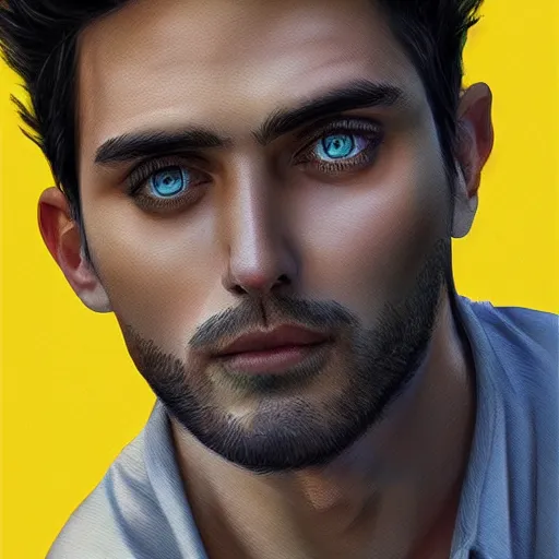 Image similar to ultra realistic illustration, man with black hair, in a checkered yellow and black shirt, with blue eyes, highly detailed, digital painting, artstation, concept art, smooth, sharp focus, illustration