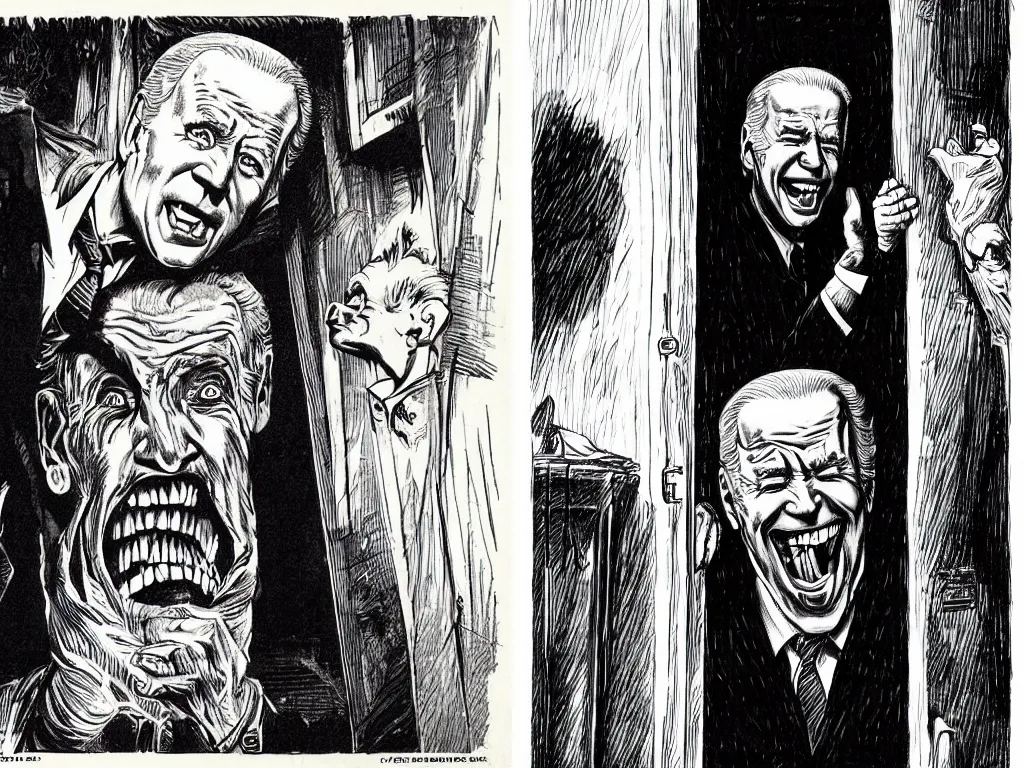 Prompt: Joe Biden getting surprised by a Ghost in his closet, terrified, spooked, trick or treat, drawn by bernie wrightson