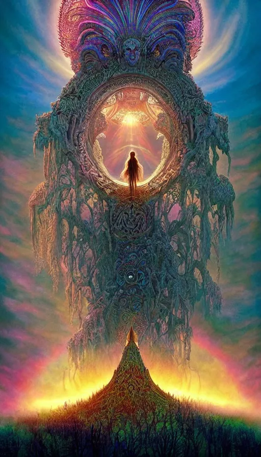 Image similar to highly detailed, intricate stunningly beautiful image of the NeverEnding Story forest from the neverending story, 8K symmetrical portrait of a empress surrounded by light and a sunset stunning ghostly bright symmetrical dramatic picture, huge psychedelic Sun stunning atmosphere , dramatic synthwave, Muted colour palette with iridescent highlights by Andrei Riabovitchev , Shaun Tan, Peter Mohrbacher and Takayuki Takeya, ancient ornate intricate, cinematic, realistic, intricate detail, finely detailed, small details, extra detail, photorealistic, high resolution, 3D, PBR, path tracing, volumetric lighting, octane render, arnold render, 8k